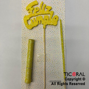 ADORNO DE TORTA SET FELIZ CUMPLE CON BENGALA Y VELA GIBRE AMARILLO x 1